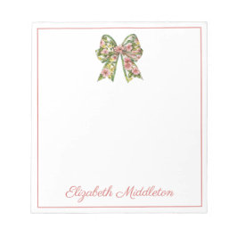 Bloco De Notas Preppy Floral Pink and Green Bow Personalized