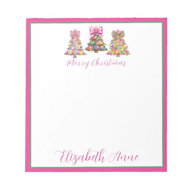 Bloco De Notas Preppy Pink and Green Christmas Trees (Frente)