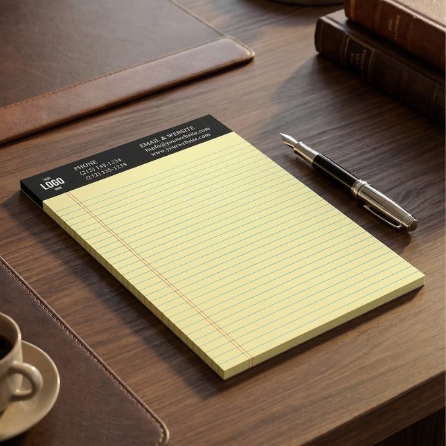 Bloco de Notas Preto com Logotipo Comercial Person (Custom Business Logo Notepad with Blue Ruled Lines)