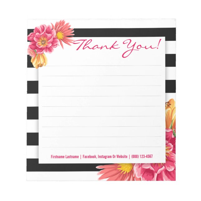 Bloco de notas Preto e Branco com Flores Rosa (Frente)