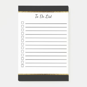 Bloco De Notas Preto e branco com lista de tarefas Dourada