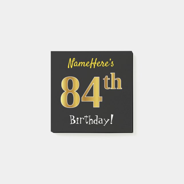 Bloco De Notas Preto, Faux Dourado 84.º aniversário, com nome per (Frente)
