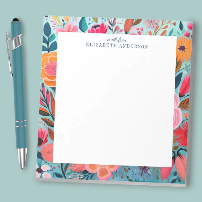 Bloco De Notas Pretty Botanical Girly Floral (A pretty colorful floral notepad. A stylish office accessory. Personalize it with your name.)