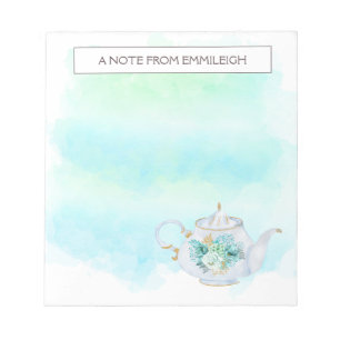 Bloco De Notas Pretty Tea Pot Mint Green Gold Flowers Notepad