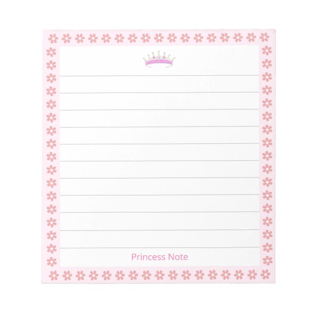 Bloco De Notas Princesa Tiara e Flores Rosa em Linhado (Frente)