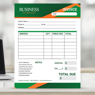 Bloco De Notas Professional Green with Orange Stripe Invoice Form