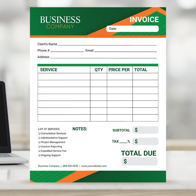 Bloco De Notas Professional Green with Orange Stripe Invoice Form (Criador carregado)