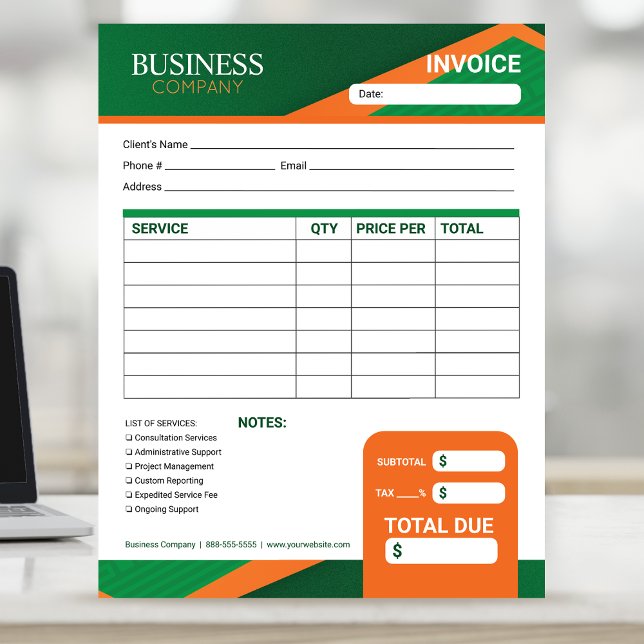 Bloco De Notas Professional Green with Orange Stripe Invoice Form (Criador carregado)