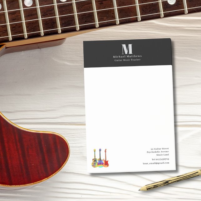 Bloco De Notas Professor de Guitarra Aulas de Música Negócios Per (Guita music teacher custom business post-it notes with monogram and contact details)