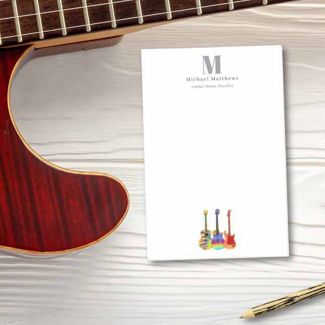 Bloco De Notas Professor de Guitarra Negócios de Música Monograma (Guitar teacher music business custom monogram post-it notes with colorful guitars)