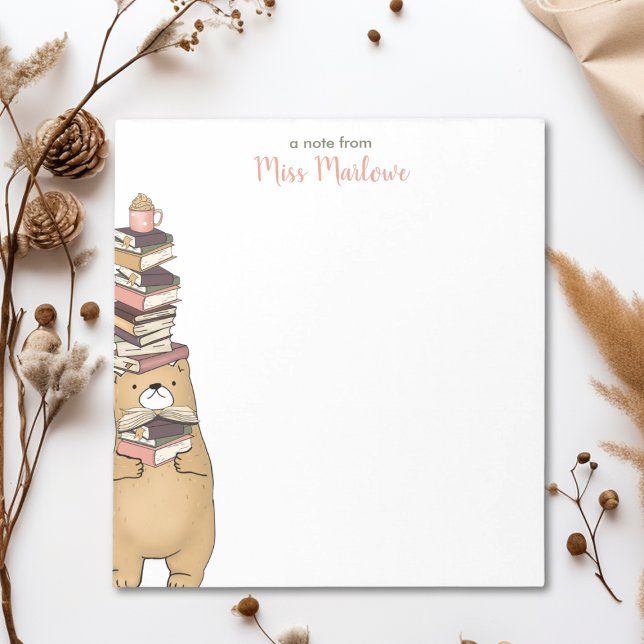 Bloco De Notas Professor de Livros Empilhados de Urso Leitura Bon (Cute Reading Bear Stacked Books Personalized Teacher Appreciation Notepad)