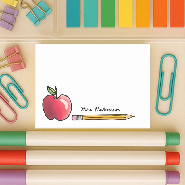 Bloco De Notas Professor Personalizado Apple e Lápis (4x3 white sticky note with apple and pencil with custom name for your teacher)