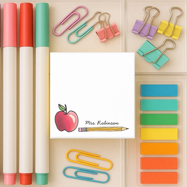 Bloco De Notas Professor Personalizado Apple e Lápis 3 x 3 (4x6 white sticky note with apple and pencil with custom name for your teacher)