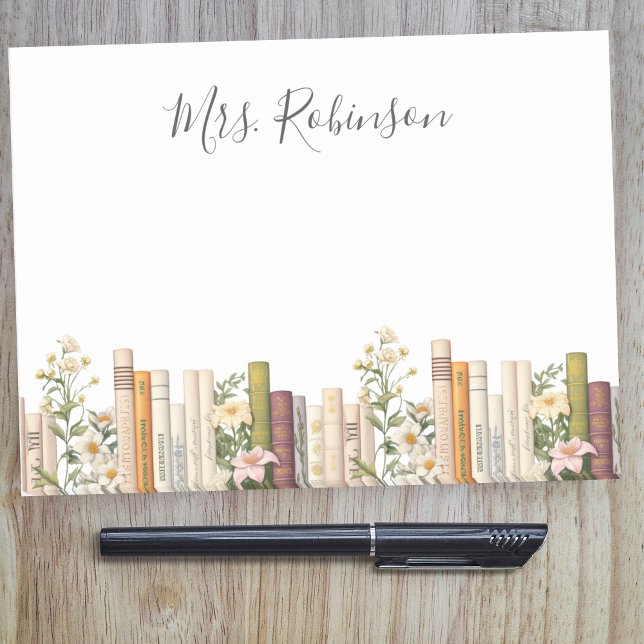 Bloco De Notas Professora Bibliotecária de Livros e Flores Selvag (Criador carregado)