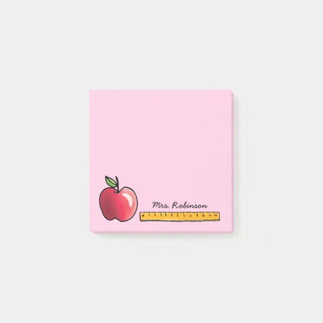 Bloco De Notas Professora Personalizada Apple e Ruler rosa 3 x 3 (Frente)