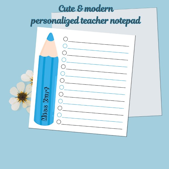 Bloco De Notas Professora Personalizada Linda Com Lápis Azul De D (Modern Chic Fun Blue Pencil Personalized Teacher Appreciation Notepads)