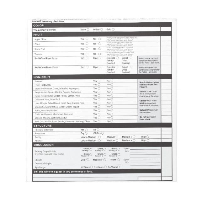 Bloco De Notas Provando Dedutor Sommelier Vazio de vinho branco (Frente)