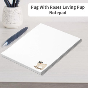 Bloco De Notas Pug com os rosas que amam o filhote de cachorro