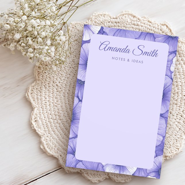 Bloco De Notas Purple flower pattern border elegant script name (Purple flower pattern border elegant script name post-it notes)