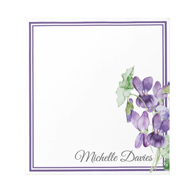 Bloco De Notas Purple Watercolor Violets Nome Floral (Frente)