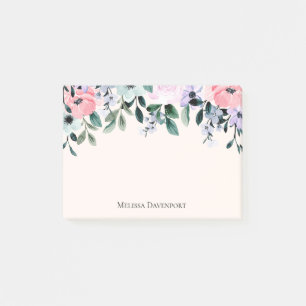 Bloco De Notas Púrpura Rosa e Aquarela Floral Verde