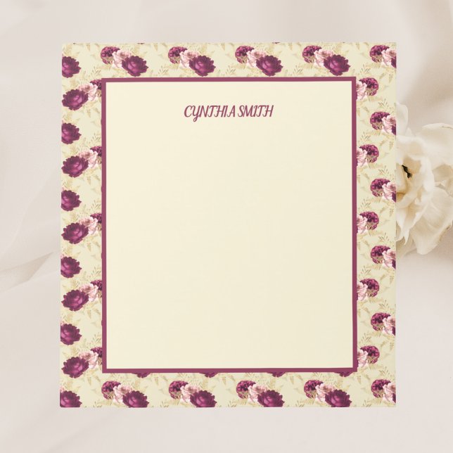 Bloco De Notas Quaint Romantic Burgundy Rosas em Creme (Criador carregado)
