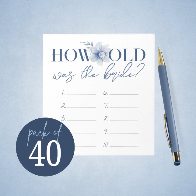 Bloco De Notas Quantos Anos Tinha A Folha De Resposta De Jogo De  (Blue Watercolor Floral How Old Was the Bride Bridal Shower Game Answer Sheets - Pack of 40 Games)