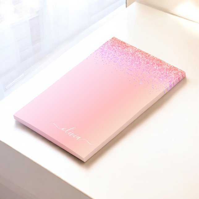 Bloco De Notas Rainbow Pastel Girly Glitter Metal Monograma Nome (Criador carregado)