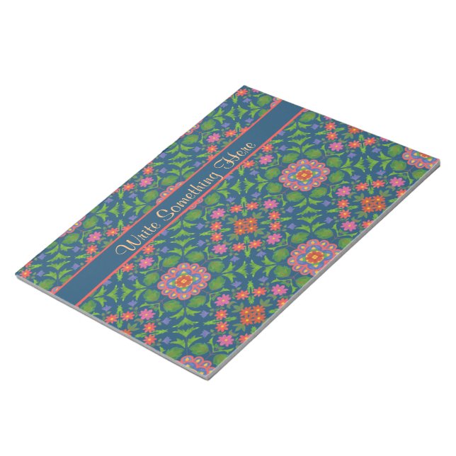 Bloco De Notas Rangoli Floral no Notepad Azul Profundo ou Jotter (Inclinado)