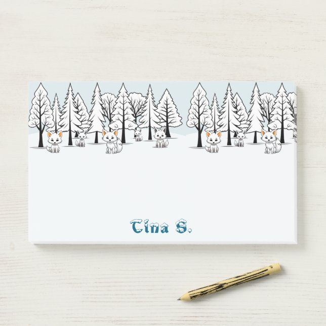 Bloco De Notas Raposas do Ártico - Paisagem de inverno - Texto em (Na mesa)