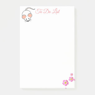 Bloco De Notas Rato branco fofo e flores cor-de-rosa em branco
