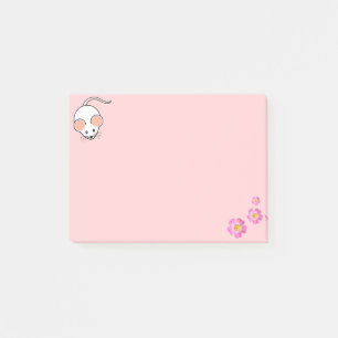 Bloco De Notas Rato branco fofo & flores cor-de-rosa em rosa