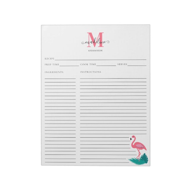 Bloco De Notas Receita de Flamingo Tropical Rosa na moda Monogram (Invertido)