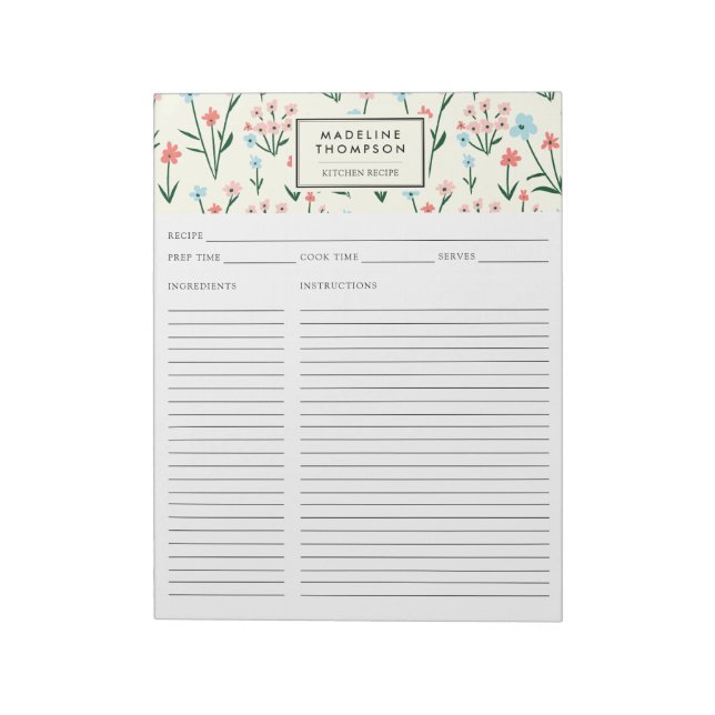 Bloco De Notas Receita de Flor Botânica Floral Simples Rosa Azul (Invertido)