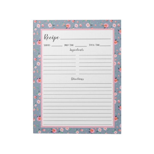 Bloco De Notas Receita do Padrão Azul Pintado Rosa Rosa Floral Du (Invertido)