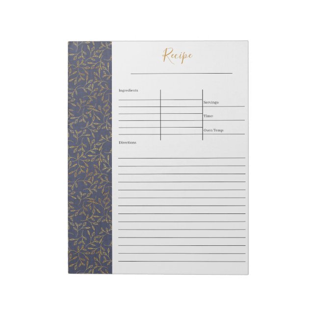 Bloco De Notas Receita em Branco de Lino Azul Rústico e Folha de  (Invertido)