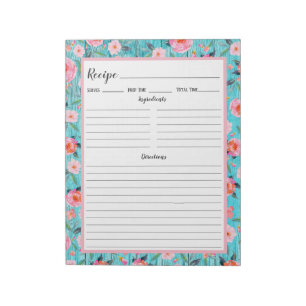 Bloco De Notas Receita Floral Rosa Rústica em Madeira Aqua