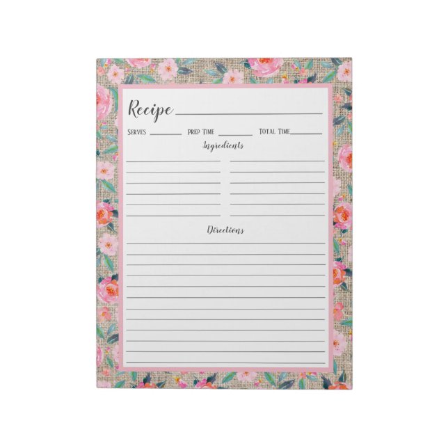 Bloco De Notas Receita Rústica De Burlap Floral Rosa (Invertido)