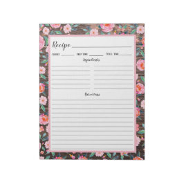 Bloco De Notas Receita Rústica De Madeira Floral Escura Rosa