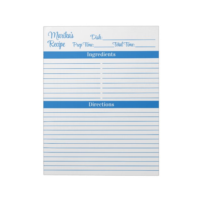 Bloco De Notas Receitas Elegantes em Script Médio Azul 8.5x11 Ret (Invertido)
