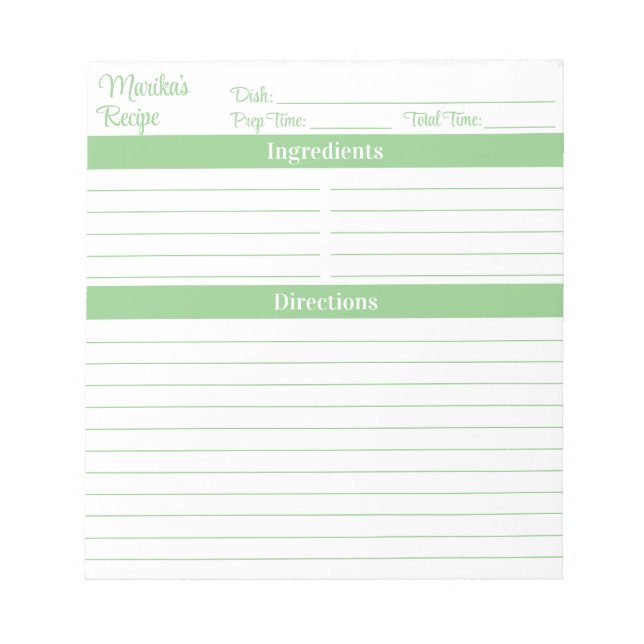 Bloco De Notas Receitas em Script Elegante Verde Sage (Frente)