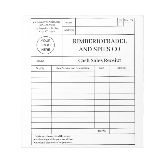 Bloco De Notas recibo de venda de numerário moderno (Frente)