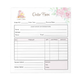 Bloco De Notas Recibo Fatura de Pedido de Padaria Sweet Cakes