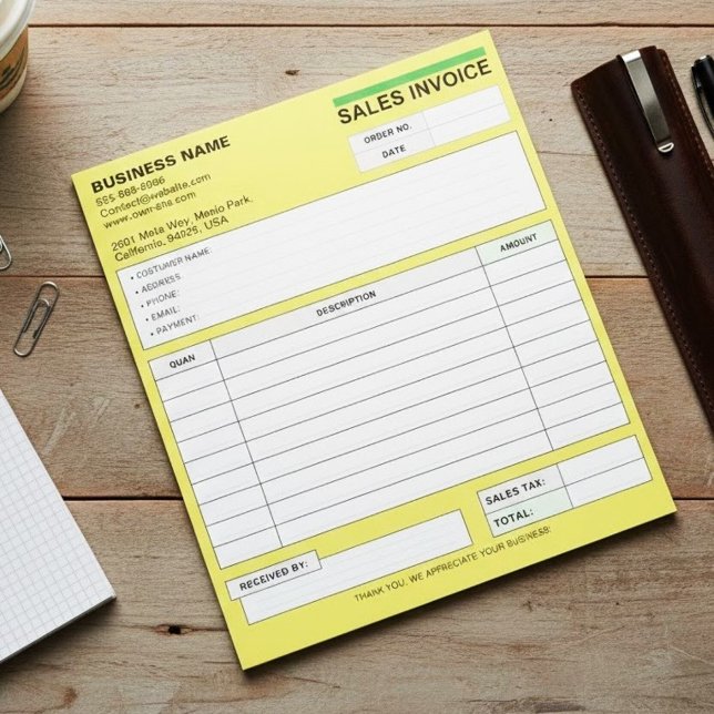 Bloco De Notas Recibos de Nota Fiscal de Venda Personalizados, No (yellow company name pad)