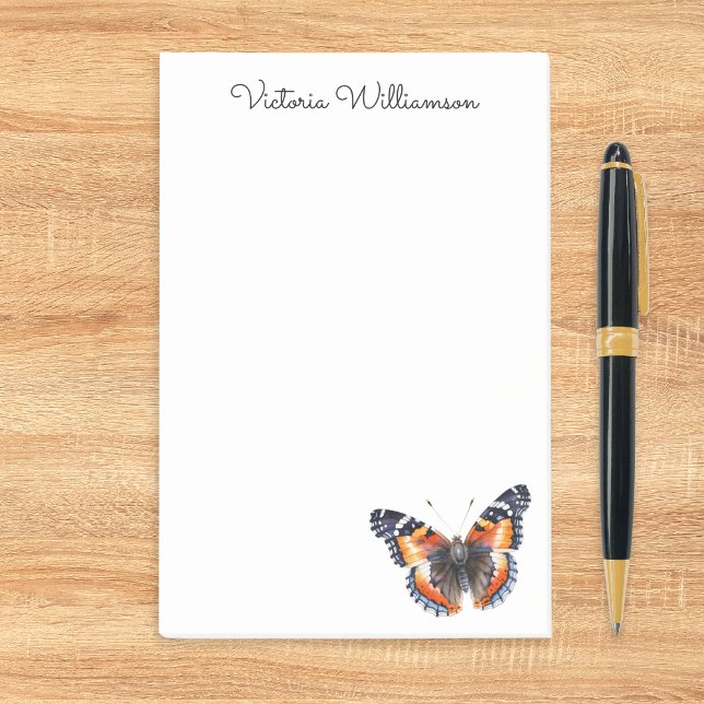 Bloco De Notas Red Admiral Butterfly Watercolor Personalized (A set of sticky notes with watercolor-effect butterfly and custom name in elegant script typography)
