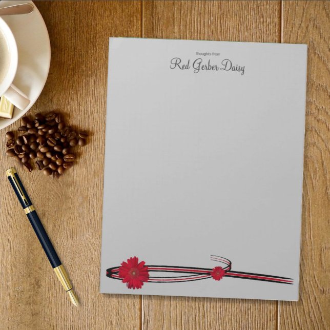 Bloco De Notas Red Gerber Daisy e Filigree Modelo (Red Gerber Daisy bottom template notepad)