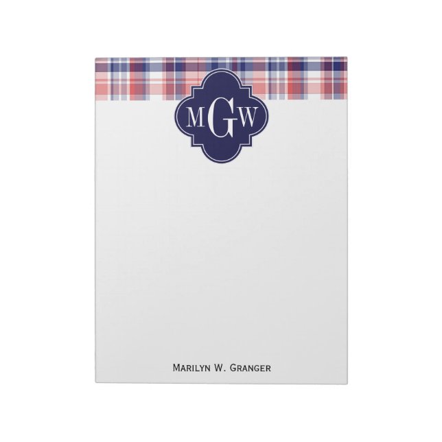 Bloco De Notas Red White Blue Preppy Madras Monograma (Invertido)