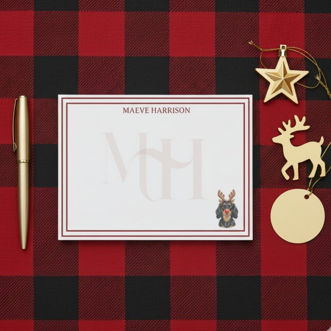 Bloco De Notas Reindedo Dachshund de Feriado Monograma Personaliz (Gift custom holiday stationery to the dog lover in your life! )