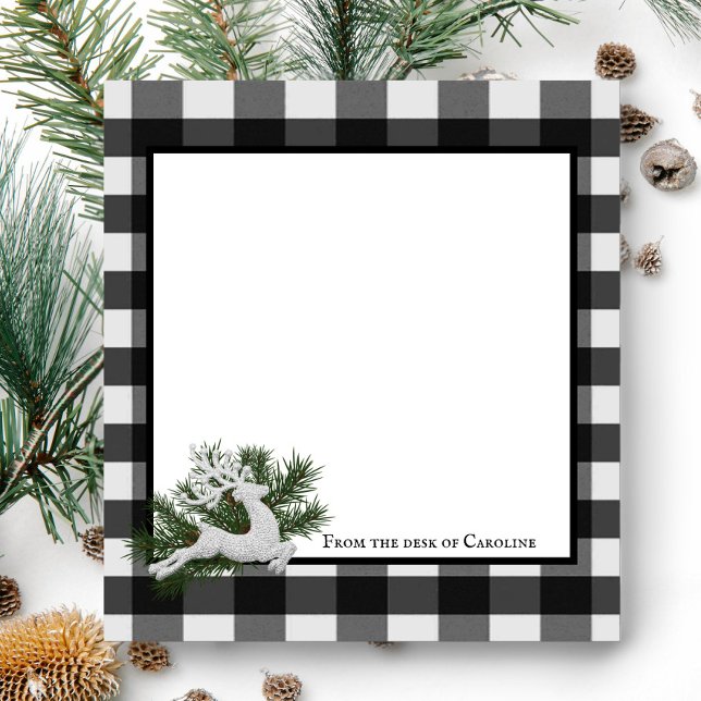 Bloco De Notas Reindeer Buffalo Xadrez Personalizada | Preto e Br (Black and White Reindeer Buffalo Plaid Personalized Notepad)