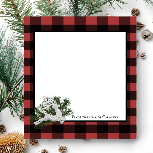 Bloco De Notas Reindeer Buffalo Xadrez Personalizada | Preto e Ve (Black and Red Reindeer Buffalo Plaid Personalized Notepad)